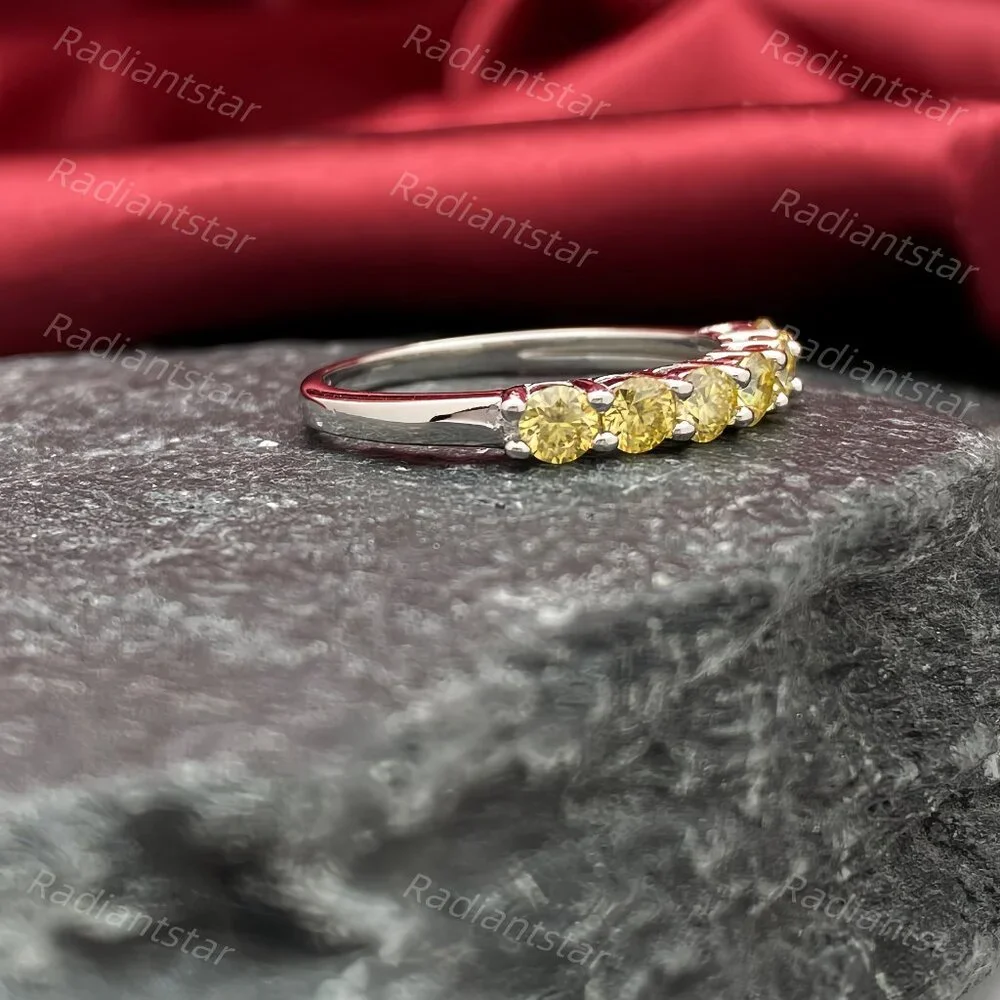 NEW Certified 3mm Lemon Yellow Moissanite 7 Stone Half Eternity Band Ring